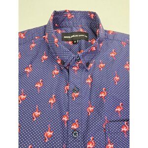 Molokai Medium Men Navy White Polka Dots Flamingo Short Sleeve Button Down Shirt